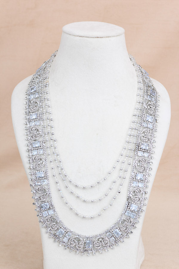 Fashionable Long Necklace In Silver Polish And Silver Stone (LN001-S-FA)