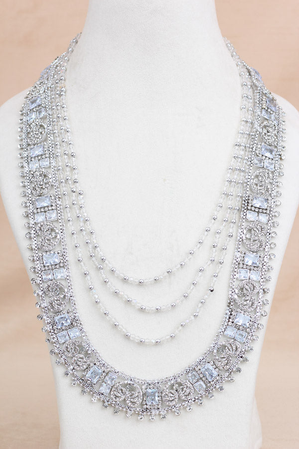 Fashionable Long Necklace In Silver Polish And Silver Stone (LN001-S-FA)