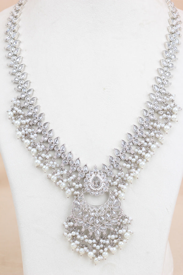 White Long Necklace Set In Silver Polish With White Pearls with Large Matching Earrings And Tikka (LN001-S-Polki)