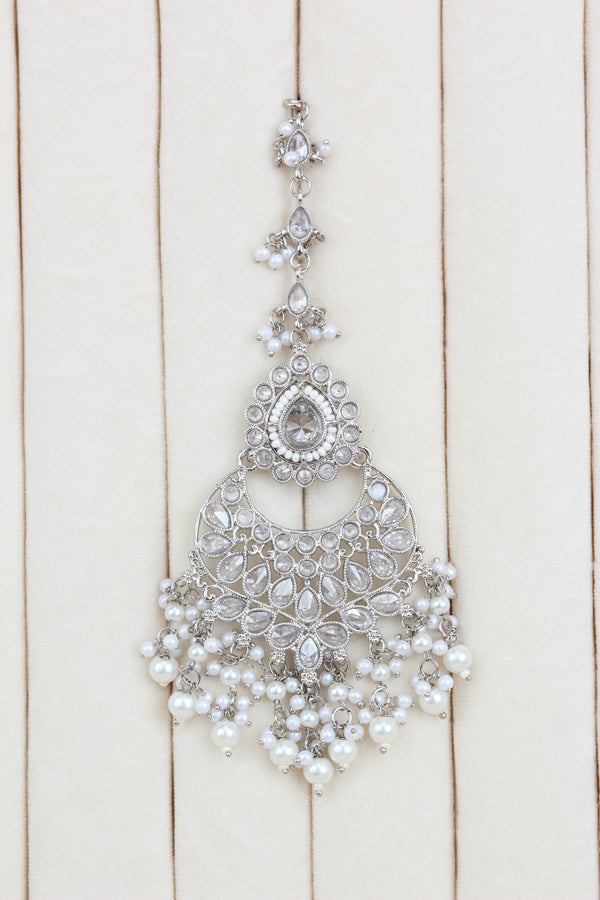 White Long Necklace Set In Silver Polish With White Pearls with Large Matching Earrings And Tikka (LN001-S-Polki)