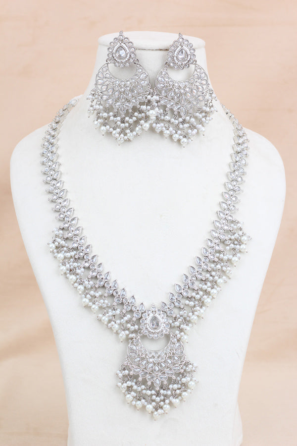 White Long Necklace Set In Silver Polish With White Pearls with Large Matching Earrings And Tikka (LN001-S-Polki)