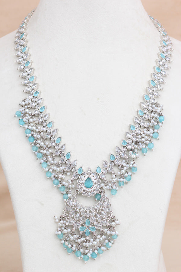 Sky Blue Long Necklace Set In Silver Polish With Sky Blue Pearls with Large Matching Earrings And Tikka (LN001-SB-Polki)