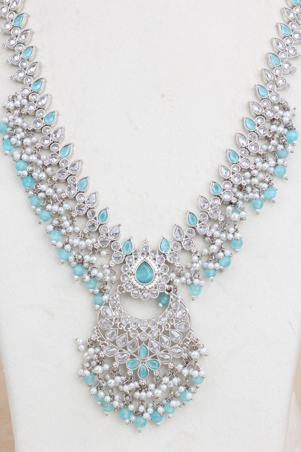 Sky Blue Long Necklace Set In Silver Polish With Sky Blue Pearls with Large Matching Earrings And Tikka (LN001-SB-Polki)
