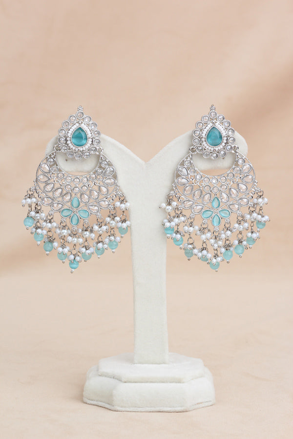 Sky Blue Long Necklace Set In Silver Polish With Sky Blue Pearls with Large Matching Earrings And Tikka (LN001-SB-Polki)