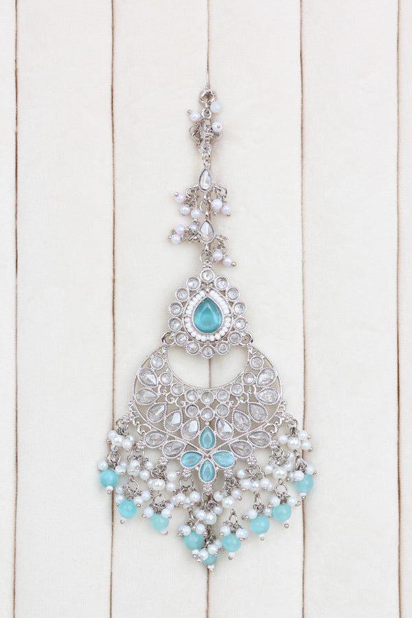 Sky Blue Long Necklace Set In Silver Polish With Sky Blue Pearls with Large Matching Earrings And Tikka (LN001-SB-Polki)