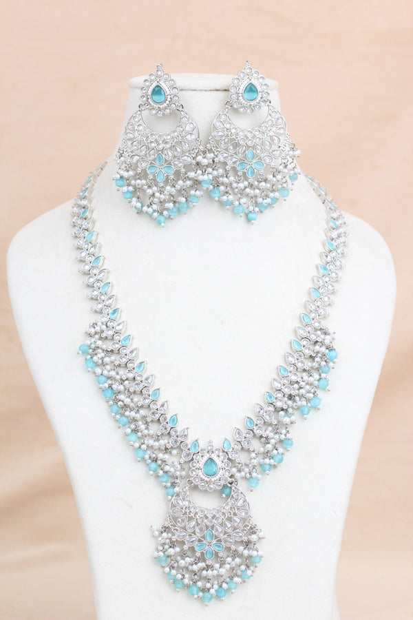 Sky Blue Long Necklace Set In Silver Polish With Sky Blue Pearls with Large Matching Earrings And Tikka (LN001-SB-Polki)