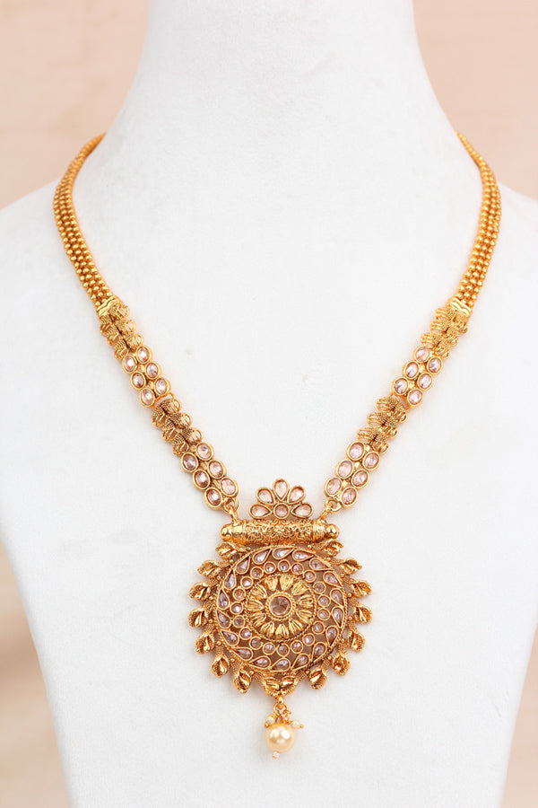 Gold Long Necklace In Gold Polish With Center Pendant with Matching Earrings  (LN002-Polki-B1)