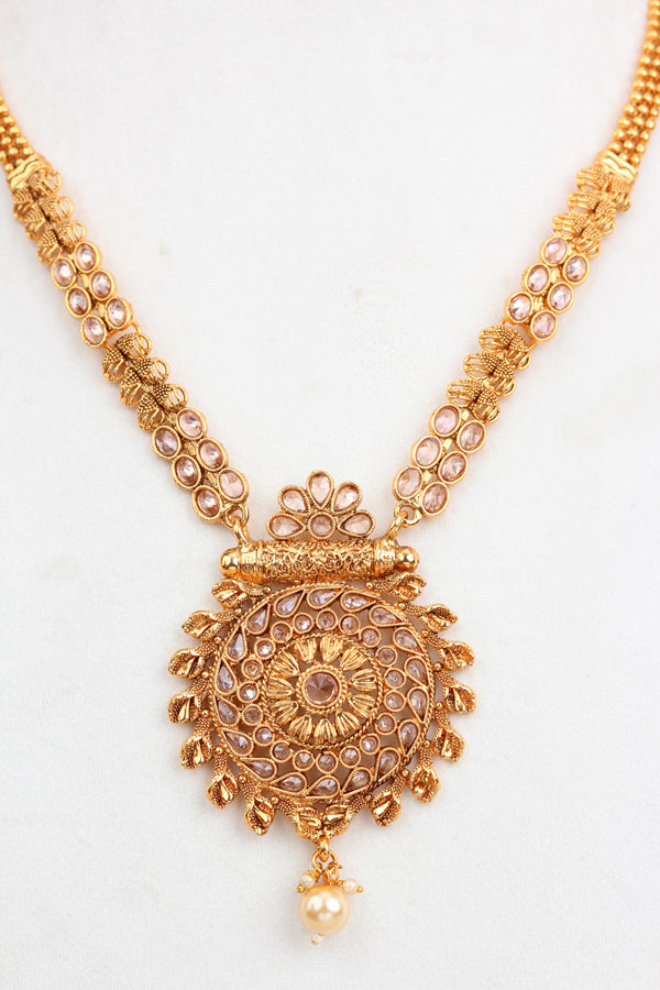 Gold Long Necklace In Gold Polish With Center Pendant with Matching Earrings  (LN002-Polki-B1)