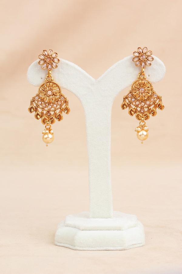 Gold Long Necklace In Gold Polish With Center Pendant with Matching Earrings  (LN002-Polki-B1)