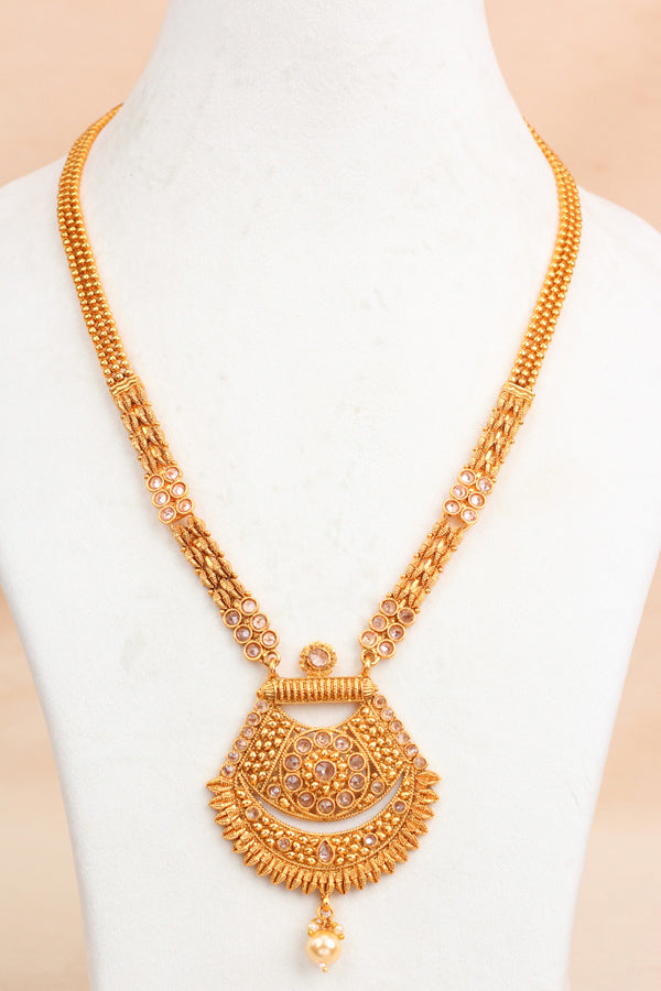 Gold Long Necklace Set In Gold Polish With Polki Stones And Pendant Attached with Matching Earrings  (LN004-Polki-B1)