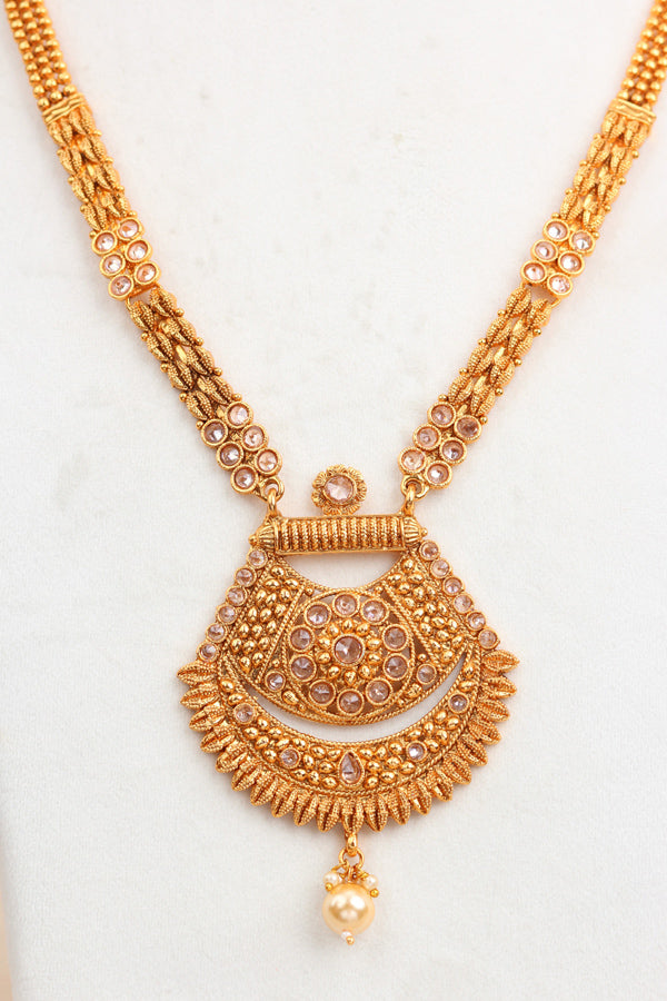 Gold Long Necklace Set In Gold Polish With Polki Stones And Pendant Attached with Matching Earrings  (LN004-Polki-B1)