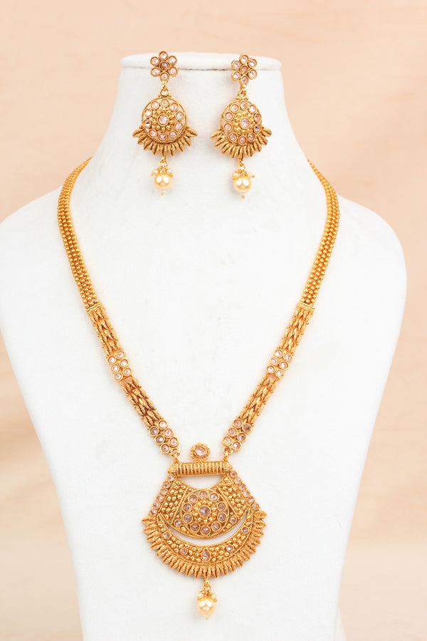 Gold Long Necklace Set In Gold Polish With Polki Stones And Pendant Attached with Matching Earrings  (LN004-Polki-B1)
