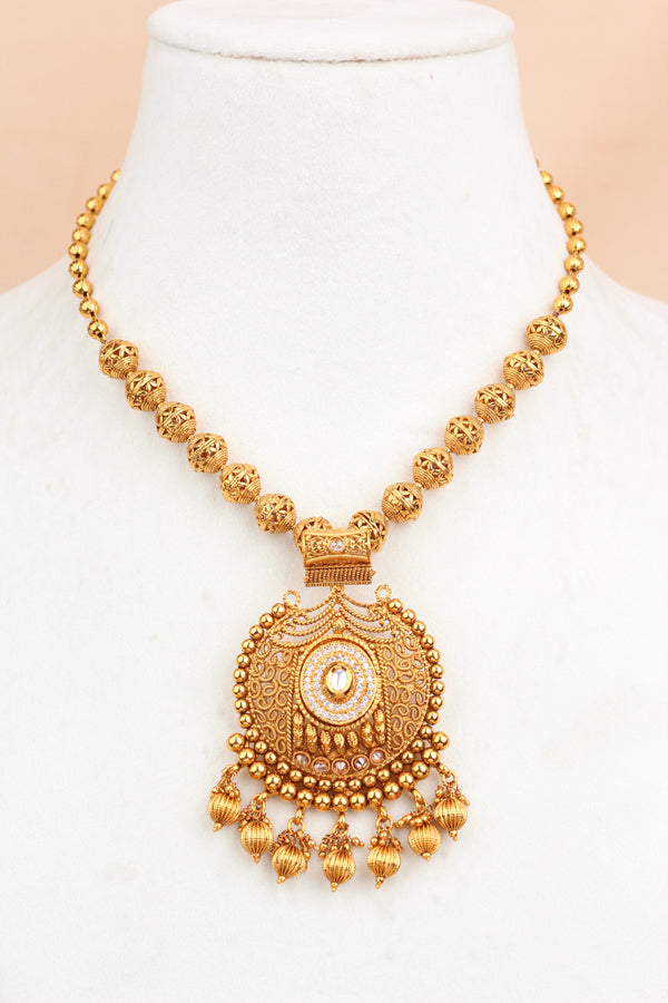 Gold Necklace Set In Gold Polish With Polki Stones And A Large Pendant Attached with Matching Jhumka Earrings  (LN005-Polki-B1)