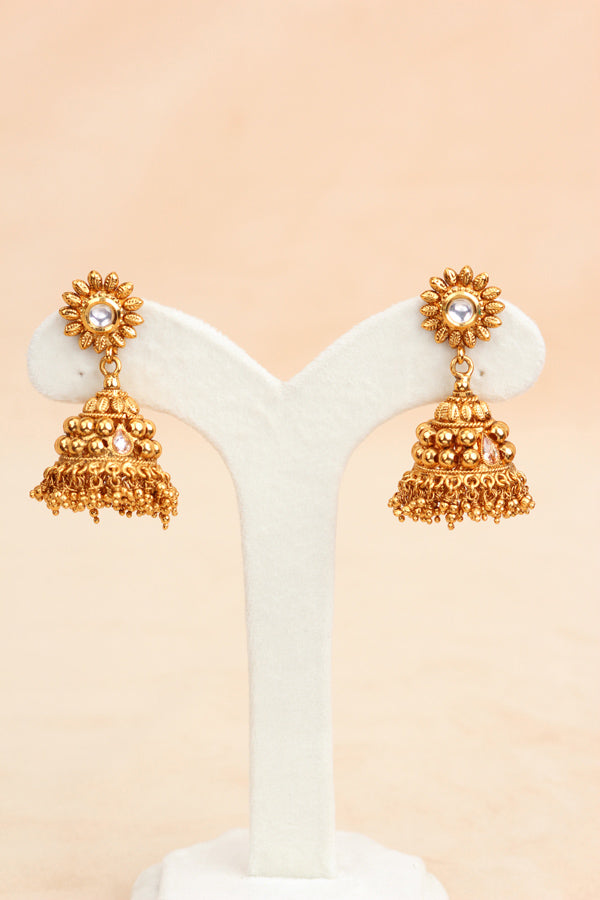 Gold Necklace Set In Gold Polish With Polki Stones And A Large Pendant Attached with Matching Jhumka Earrings  (LN005-Polki-B1)