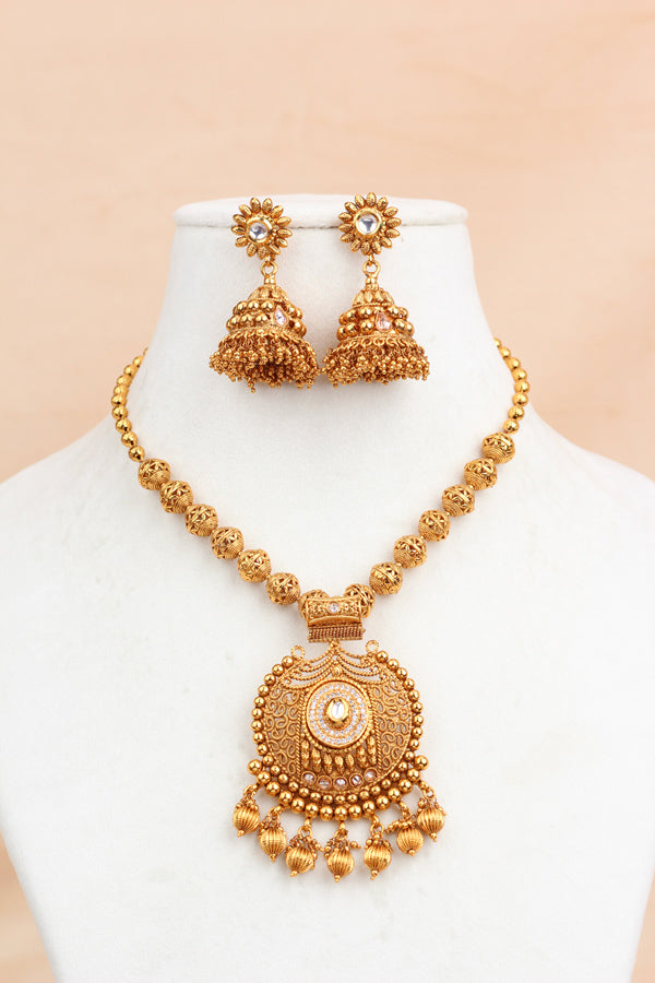 Gold Necklace Set In Gold Polish With Polki Stones And A Large Pendant Attached with Matching Jhumka Earrings  (LN005-Polki-B1)