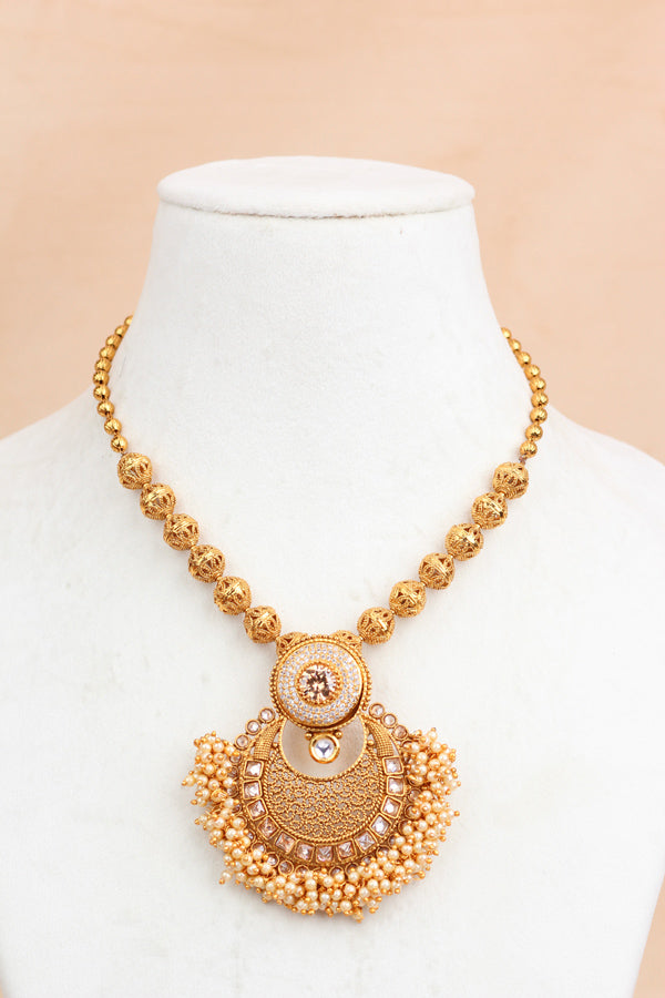 Gold Long Necklace Set In Gold Polish And Polki With A Large Pendant Attached And Small Beads with Small Jhumka Earrings  (LN006-Polki-B1)