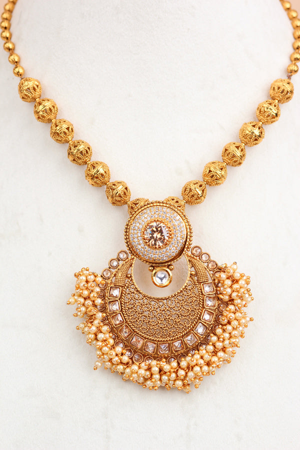 Gold Long Necklace Set In Gold Polish And Polki With A Large Pendant Attached And Small Beads with Small Jhumka Earrings  (LN006-Polki-B1)
