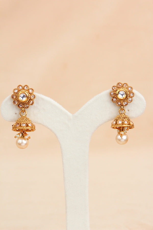 Gold Long Necklace Set In Gold Polish And Polki With A Large Pendant Attached And Small Beads with Small Jhumka Earrings  (LN006-Polki-B1)