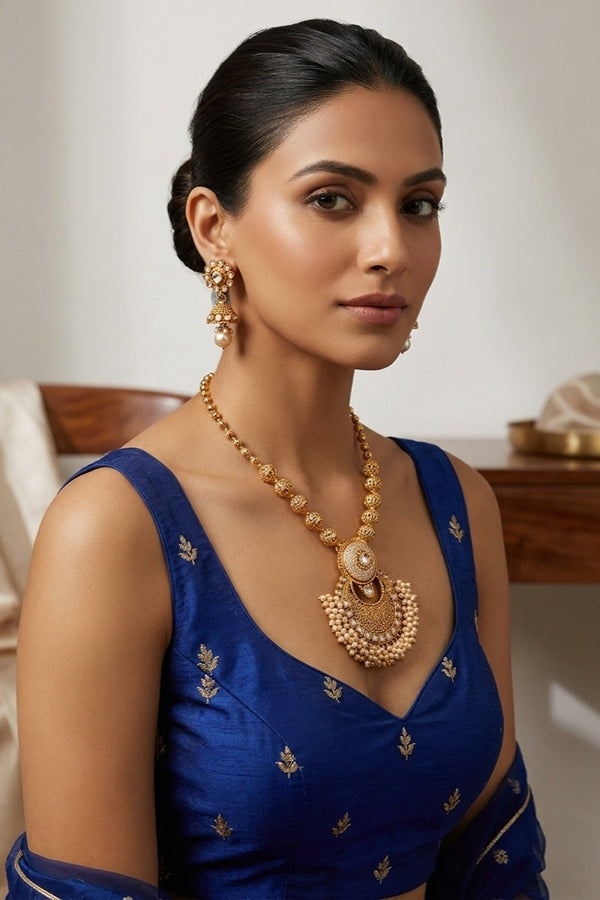 Gold Long Necklace Set In Gold Polish And Polki With A Large Pendant Attached And Small Beads with Small Jhumka Earrings