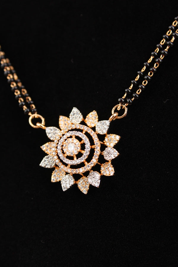 Long Mangalsutra With Flower Pendant In American Diamonds And Petite Tops (MS002)