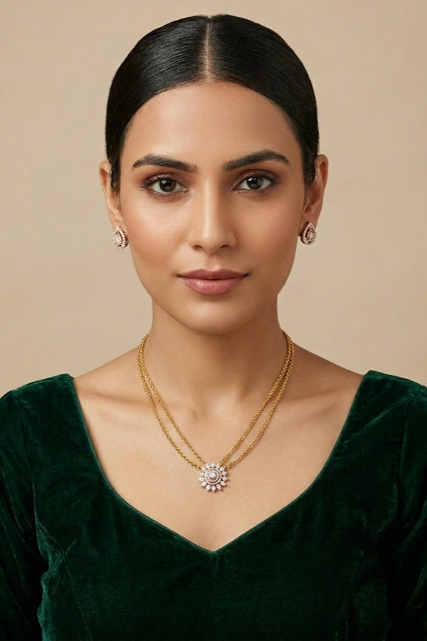 Long Mangalsutra With Flower Pendant In American Diamonds And Petite Tops
