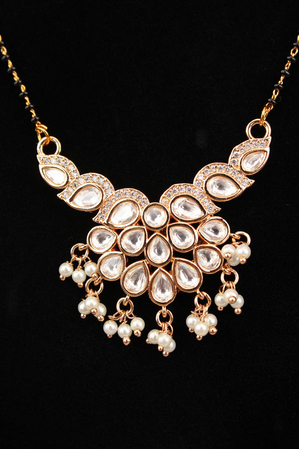 Simple Chain Mangalsutra With Kundan Pendant And Beads Attached And Matching Earrings (MS003)