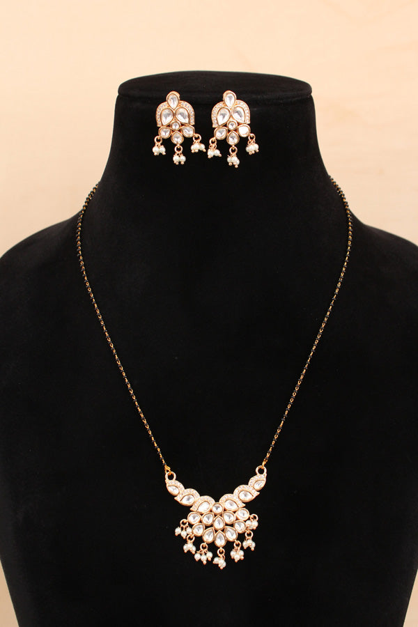Simple Chain Mangalsutra With Kundan Pendant And Beads Attached And Matching Earrings (MS003)
