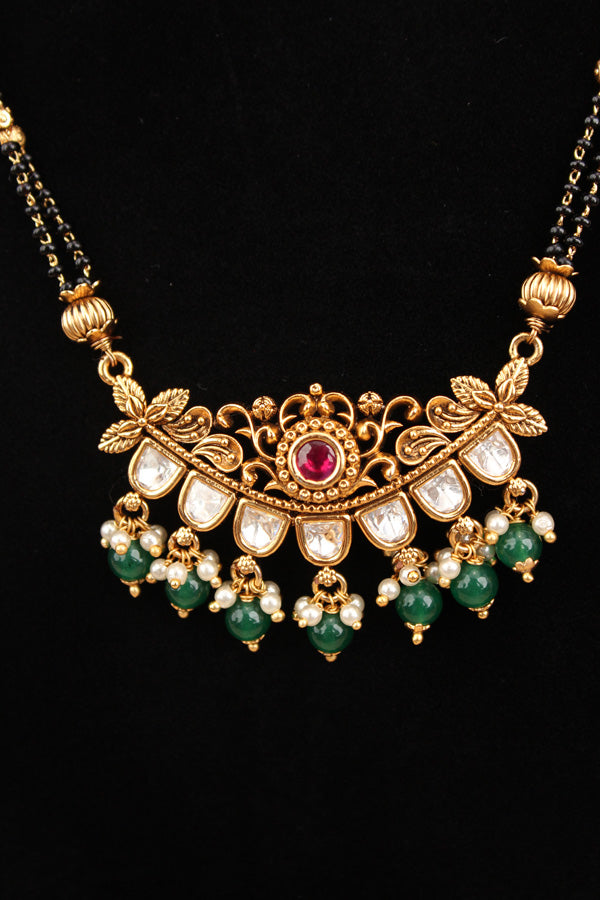 Mangalsutra With Double Chain With Kundan And Green Beads Attached And Matching Small Earrings (MS004-G)