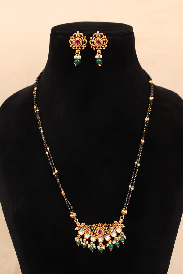 Mangalsutra With Double Chain With Kundan And Green Beads Attached And Matching Small Earrings (MS004-G)