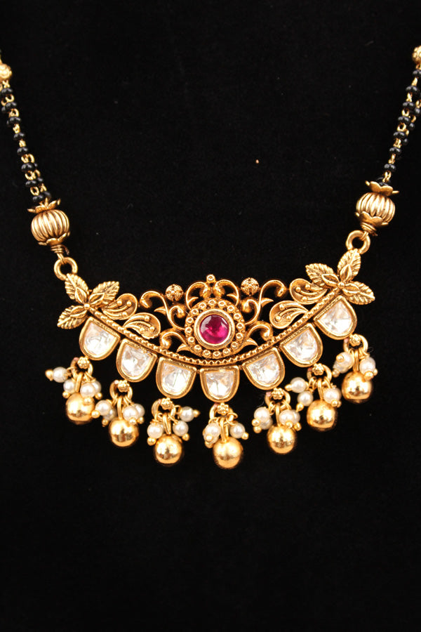 Mangalsutra With Double Chain With Kundan And Golden Beads  Attached With Ruby Colour Stones And Matching Small Earrings (MS004-RU)