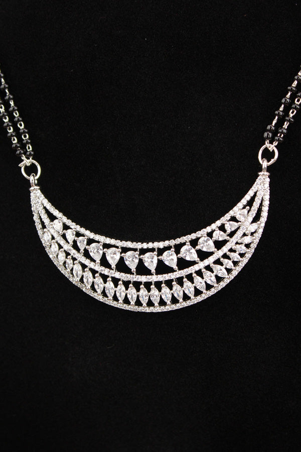 Long Mangalsutra In Silver Polish With American Diamonds And Small Studs (MS006-S)