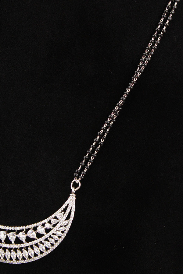 Long Mangalsutra In Silver Polish With American Diamonds And Small Studs (MS006-S)
