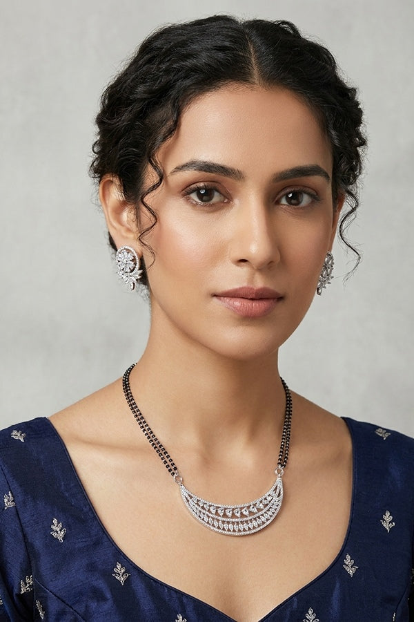 Long Mangalsutra In Silver Polish With American Diamonds And Small Studs