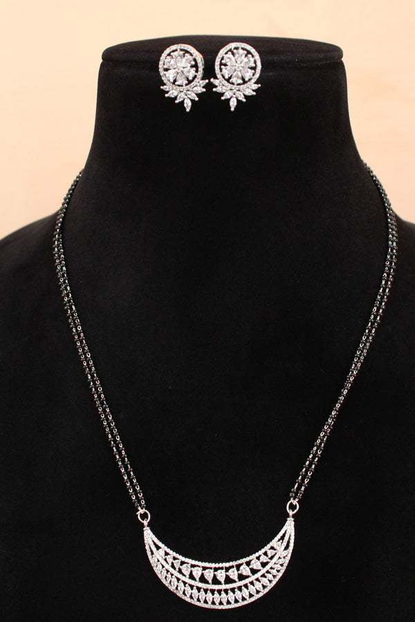 Long Mangalsutra In Silver Polish With American Diamonds And Small Studs (MS006-S)