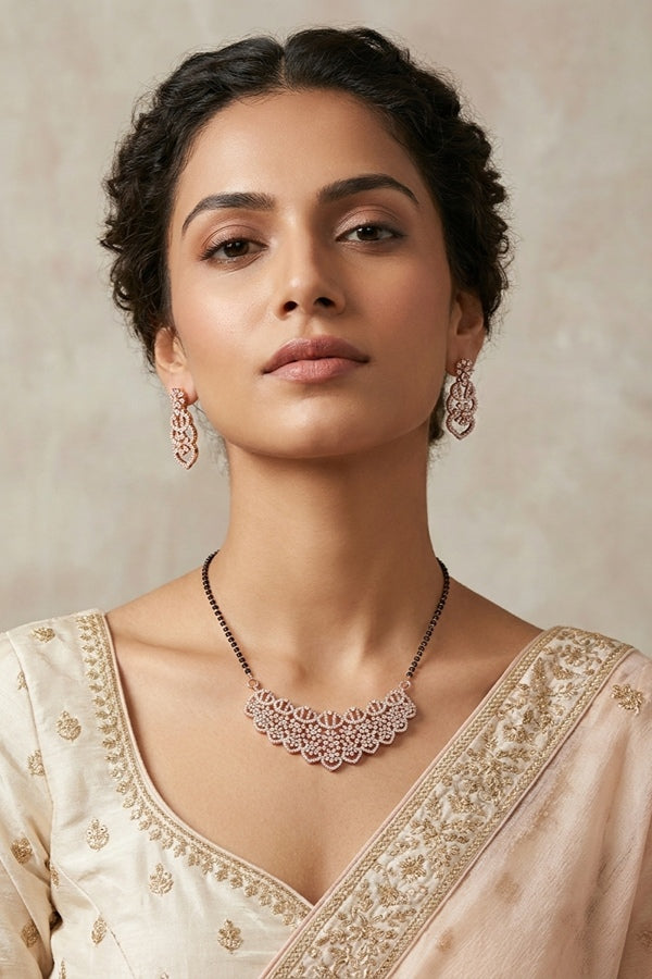 Short Chain Mangalsutra With American Diamonds And With Small Earrings