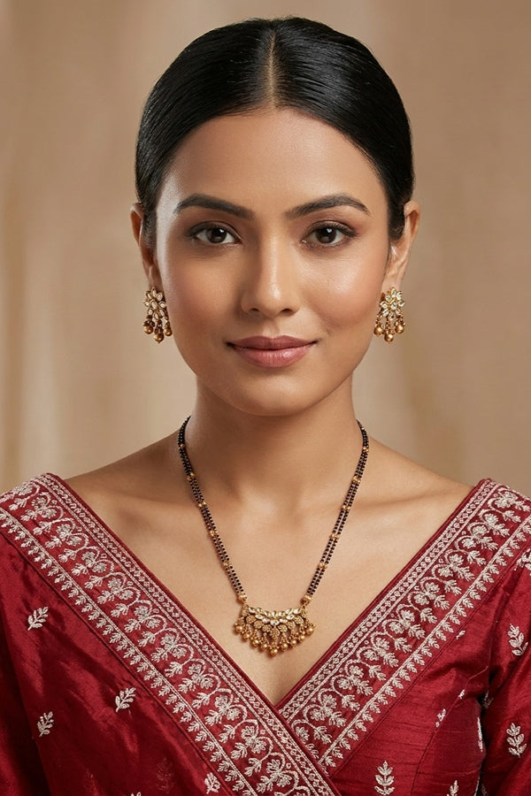 Long Mangalsutra With Kundan And Gold Polish Also With Matching Earrings