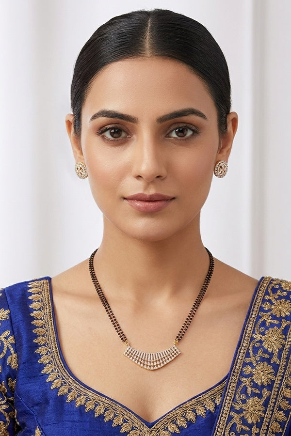 Short Mangalsutra In Gold Polish And With American Diamonds And Small Studs