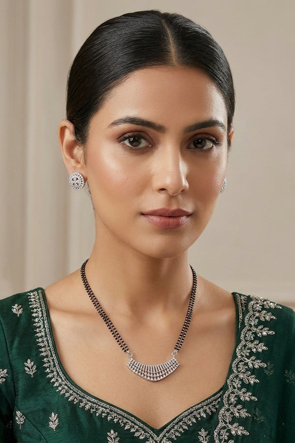 Short Mangalsutra In Silver Polish And With American Diamonds And Small Studs
