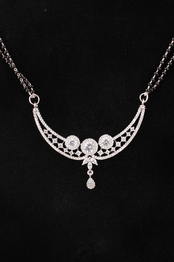 Mangalsutra With Silver Plating American Diamonds And Center Pendant With Stones Also Matching Small Studs (MS017-S)
