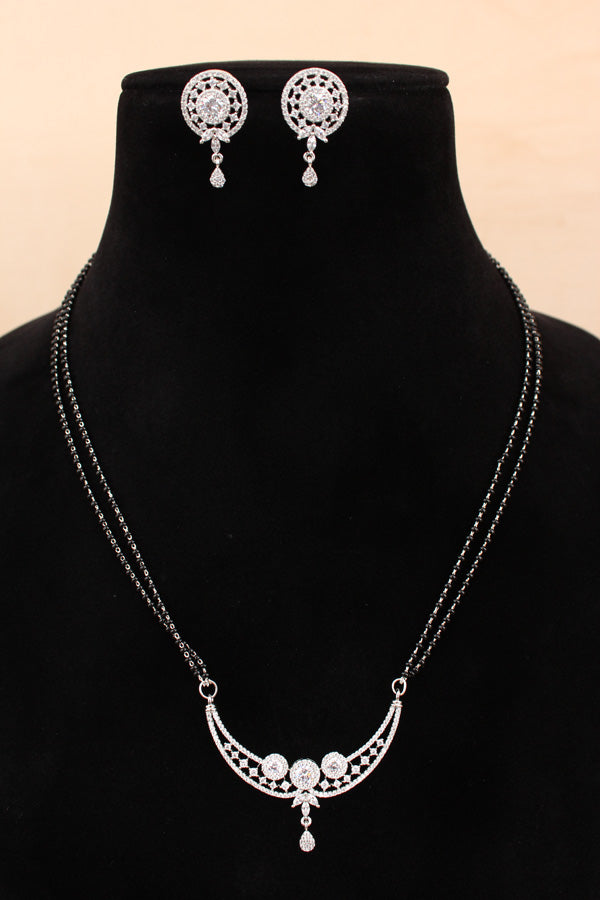Mangalsutra With Silver Plating American Diamonds And Center Pendant With Stones Also Matching Small Studs (MS017-S)