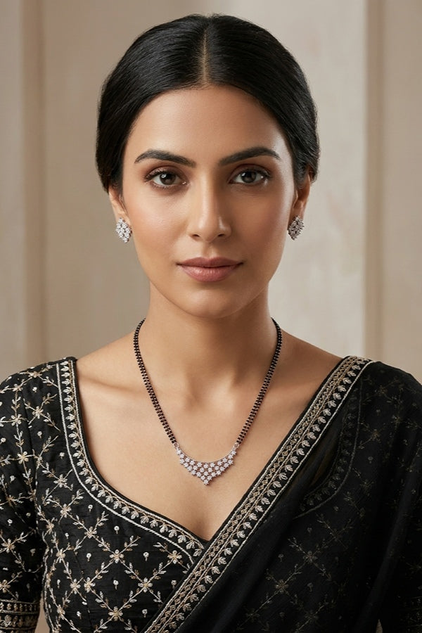 Double Chain Mangalsutra In Silver Polish With American Diamonds And Matching Studs