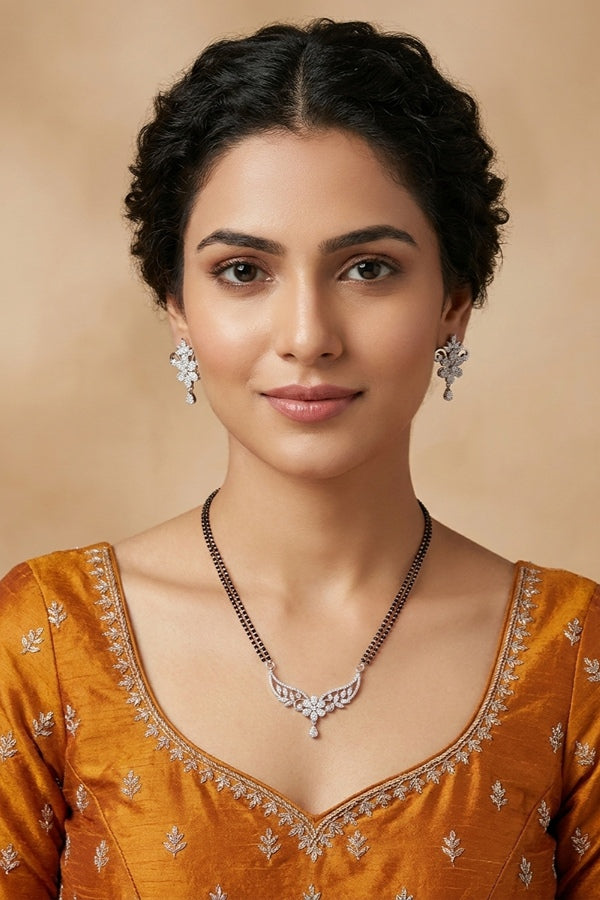 Mangalsutra In Silver Polish With American Diamonds And Small Earrings