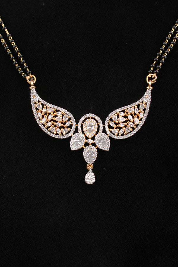 Gold Polish Mangalsutra With American Diamonds And Center Pendant With Small Earrings (MS020-G)