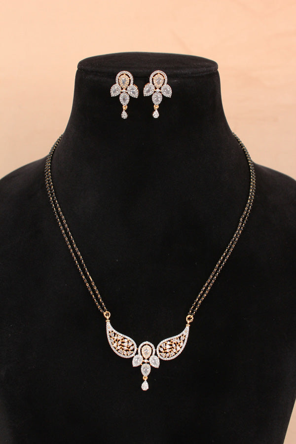 Gold Polish Mangalsutra With American Diamonds And Center Pendant With Small Earrings (MS020-G)