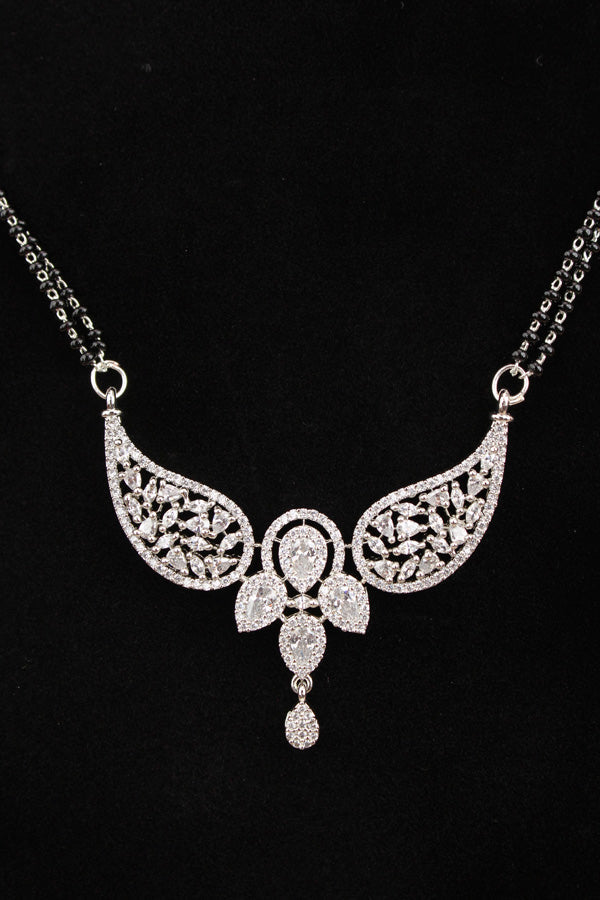 Silver Polish Mangalsutra With American Diamonds And Center Pendant With Small Earrings (MS020-S)