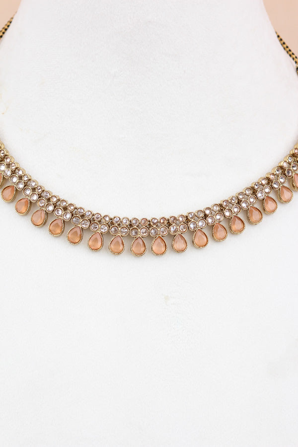 Peach Single Layer Polki Necklace With Peach Colour With Small Earrings And Small Tikka (NS001-PE-Polki-Box1)