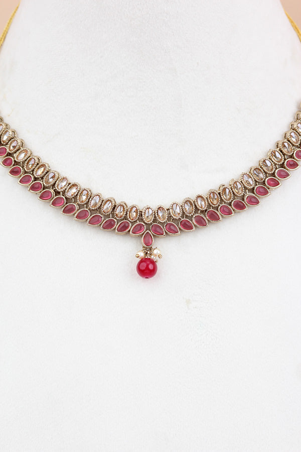 Onion Red Single Layer Polki Necklace With Onion Red Colour Center Stone (NS003-OR-Polki-Box1)