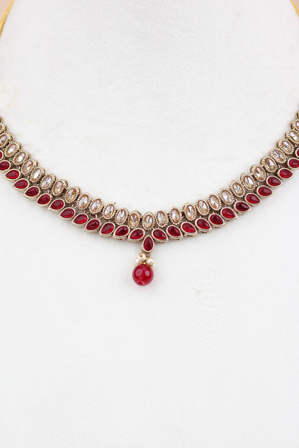 Red Single Layer Polki Necklace With Red Colour Center Stone (NS003-R-Polki-Box1)