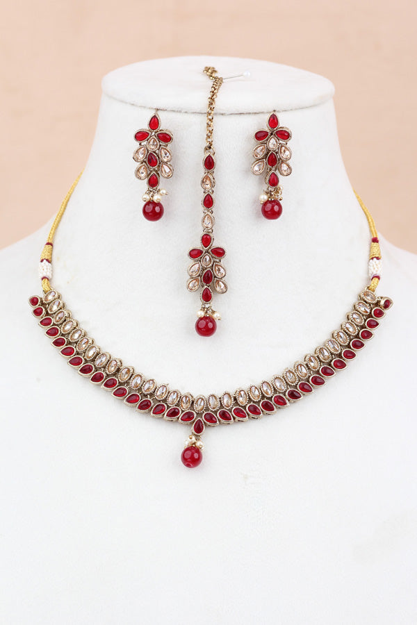 Red Single Layer Polki Necklace With Red Colour Center Stone (NS003-R-Polki-Box1)