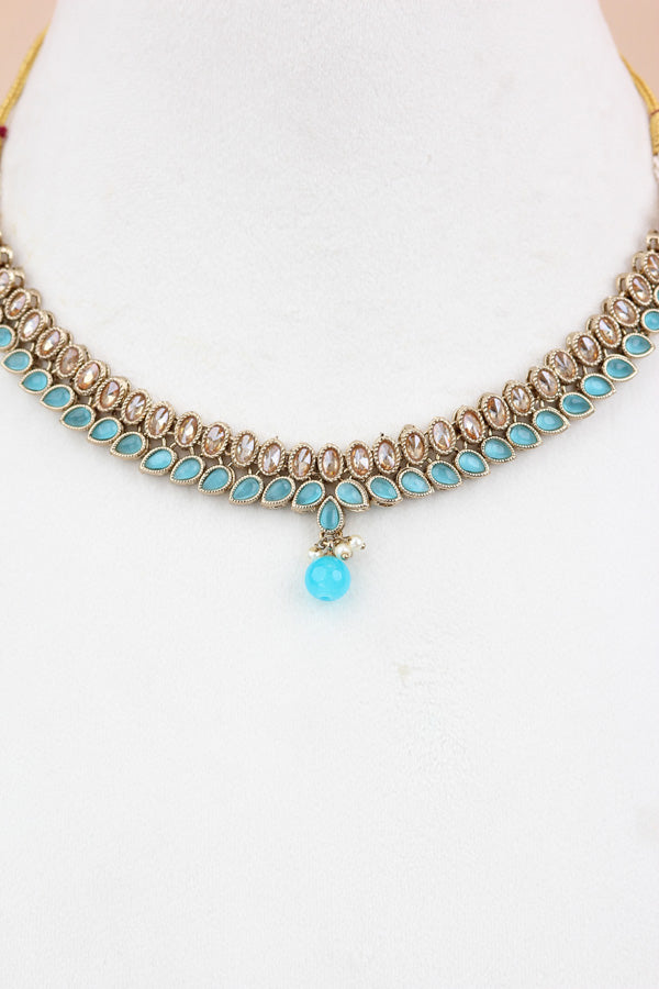 Sky Blue Single Layer Polki Necklace With Sky Blue Colour Center Stone (NS003-SB-Polki-Box1)